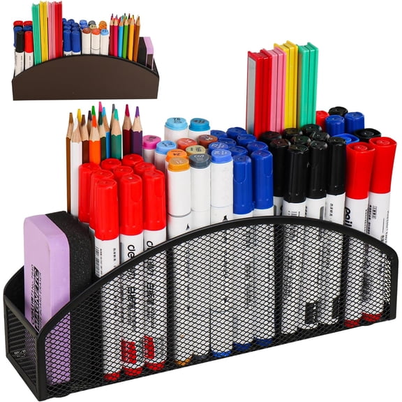 Large Magnetic Whiteboard Organizer 5-Slot Metal Mesh Dry Erase Marker Holder Heavy Duty Pencil Cup Caddy for Fridge Office Black
