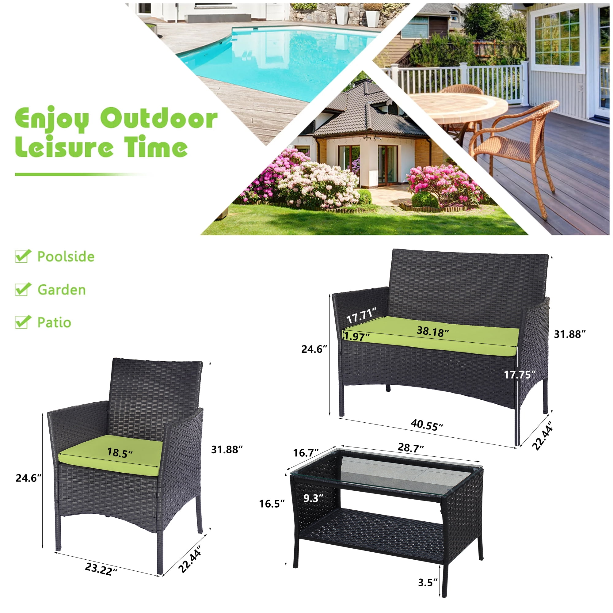8 PCS Outdoor Patio Bistro Furniture Set, All-Weather Rattan Chair Set, Conversation Furniture Sets, Cushioned Seat & Glass Table, Bistro Table Set for Porch Garden Poolside Balcony, T203
