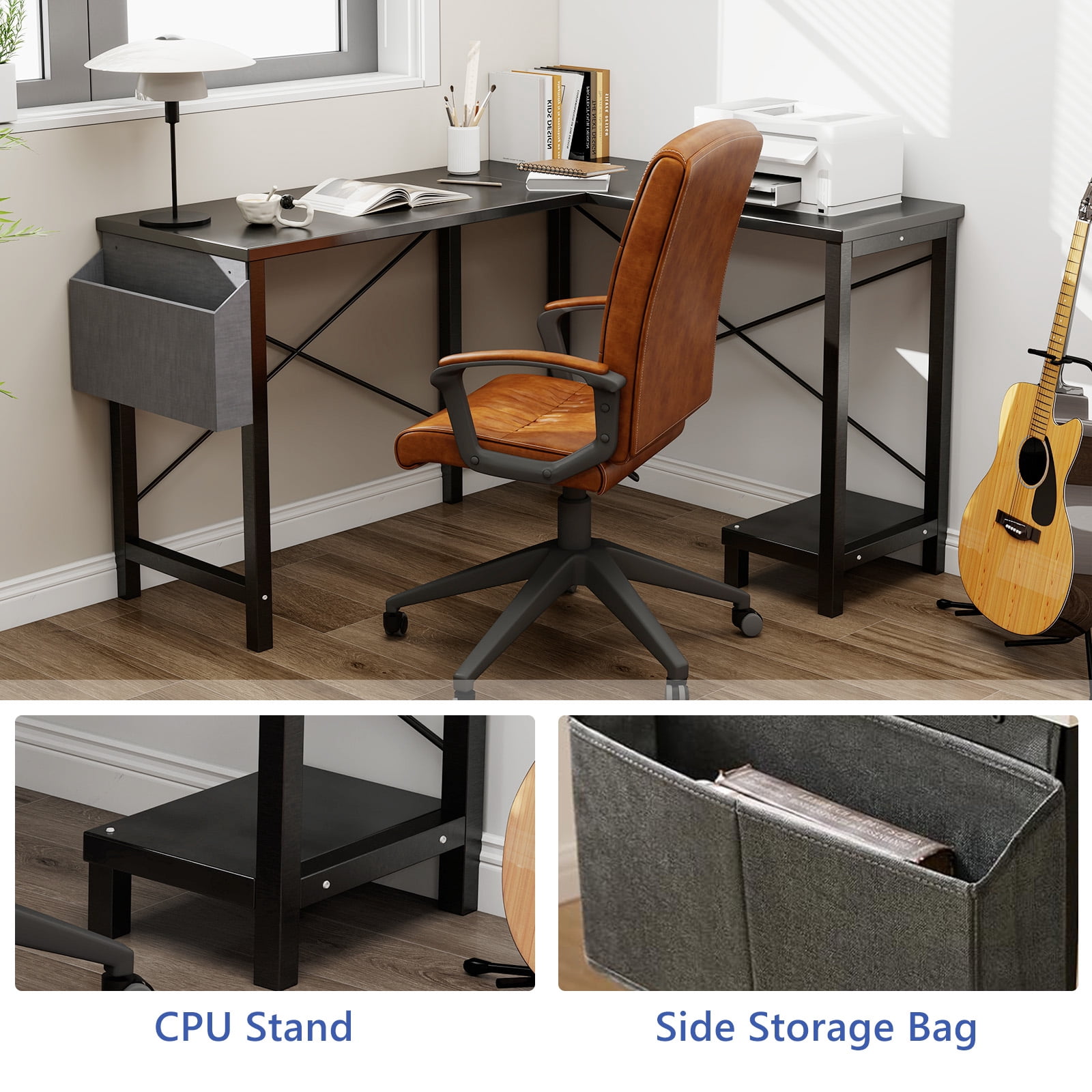 L Shaped Desk, 50 inch Reversible Corner Computer Desk with Storage Shelf & Side Bag, Home Office Working Workstation Gaming Table, Black