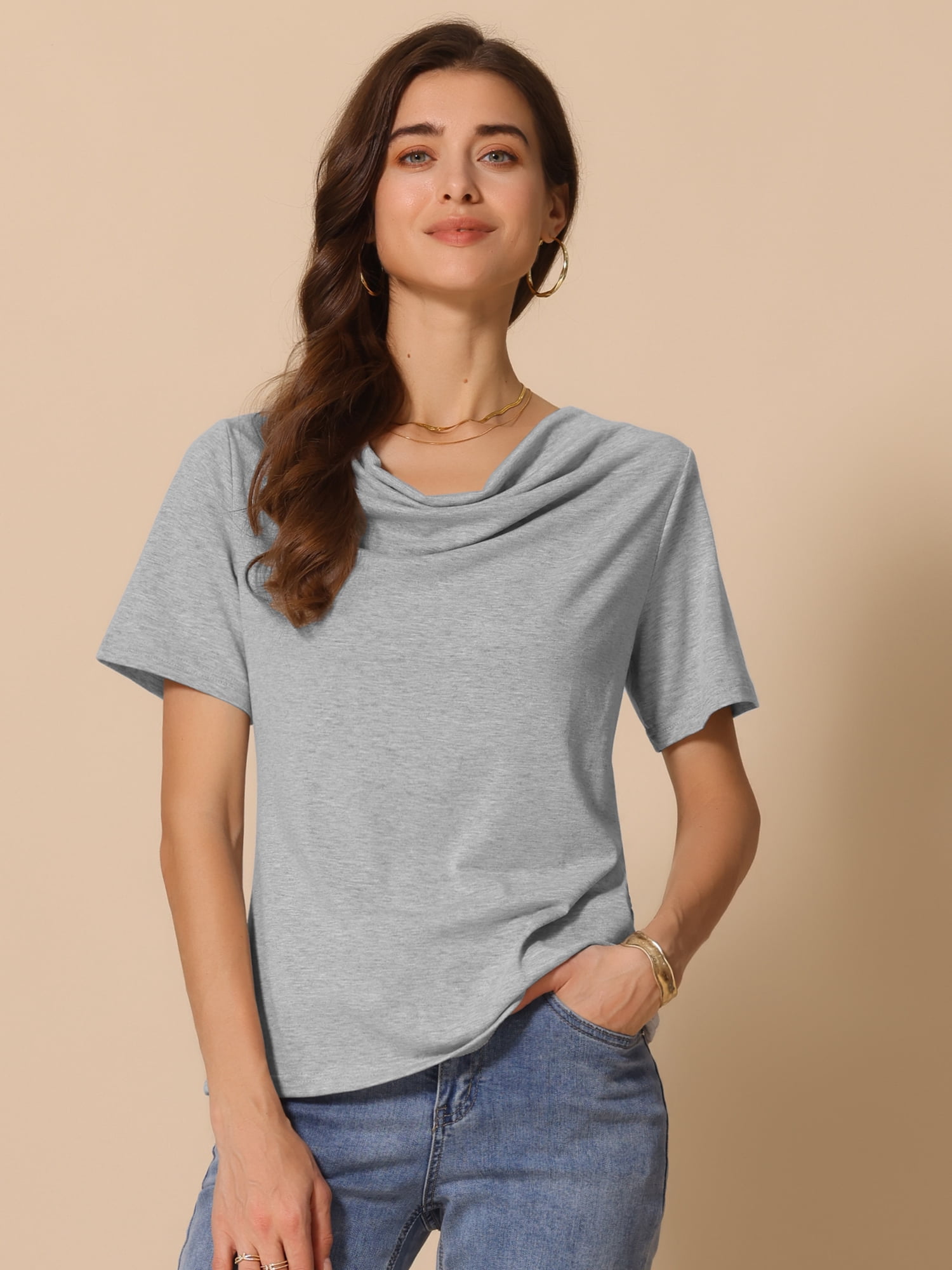 DARING DIVA Women's Cowl Neck Short Sleeve Casual Stretchy Blouse M Grey
