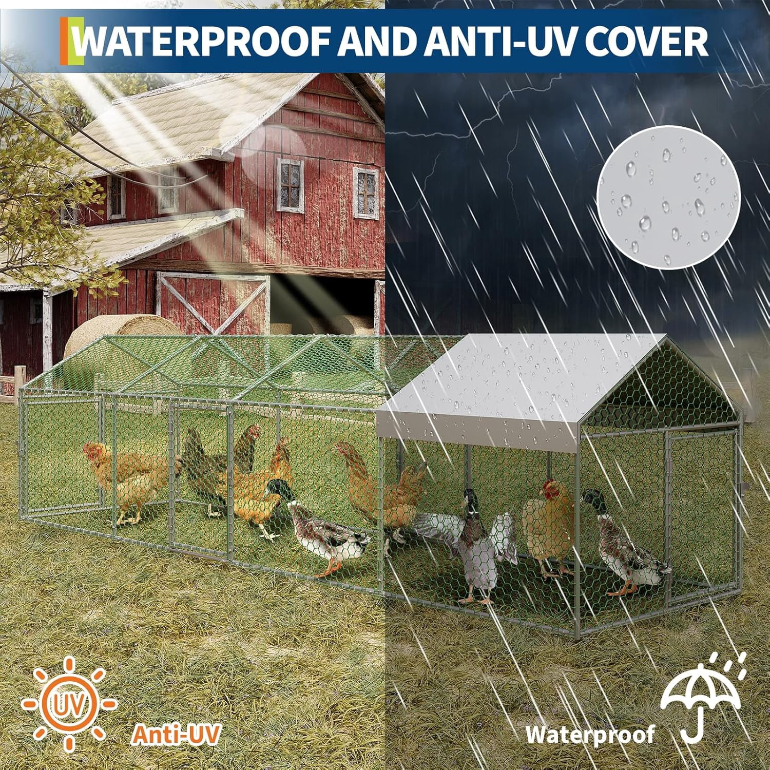 ChaoLink Large Metal Chicken Coop with Waterproof & Anti-UV Cover – 160x40x40 Inches Outdoor Hen House with 4 Doors for Yard, Rabbit, Duck & Goose