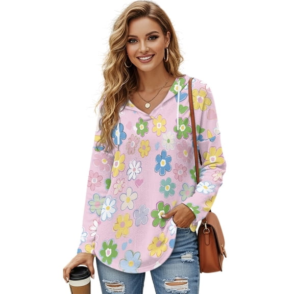 DISNIMO Floral Printed Sweatshirts for Women Long Sleeve Hoodies Waffle V Neck Pullover Tops Fall Winter Outfits, S