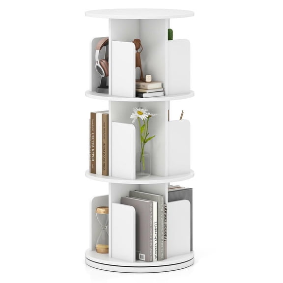 Resenkos 3-Tier 360-Degree Rotating Bookshelf with Dividers and Anti-Fall Baffles - White