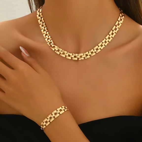 Chunky Gold Chain Necklace and Bracelet Geometric Brick Link Fashion Statement Jewelry Set