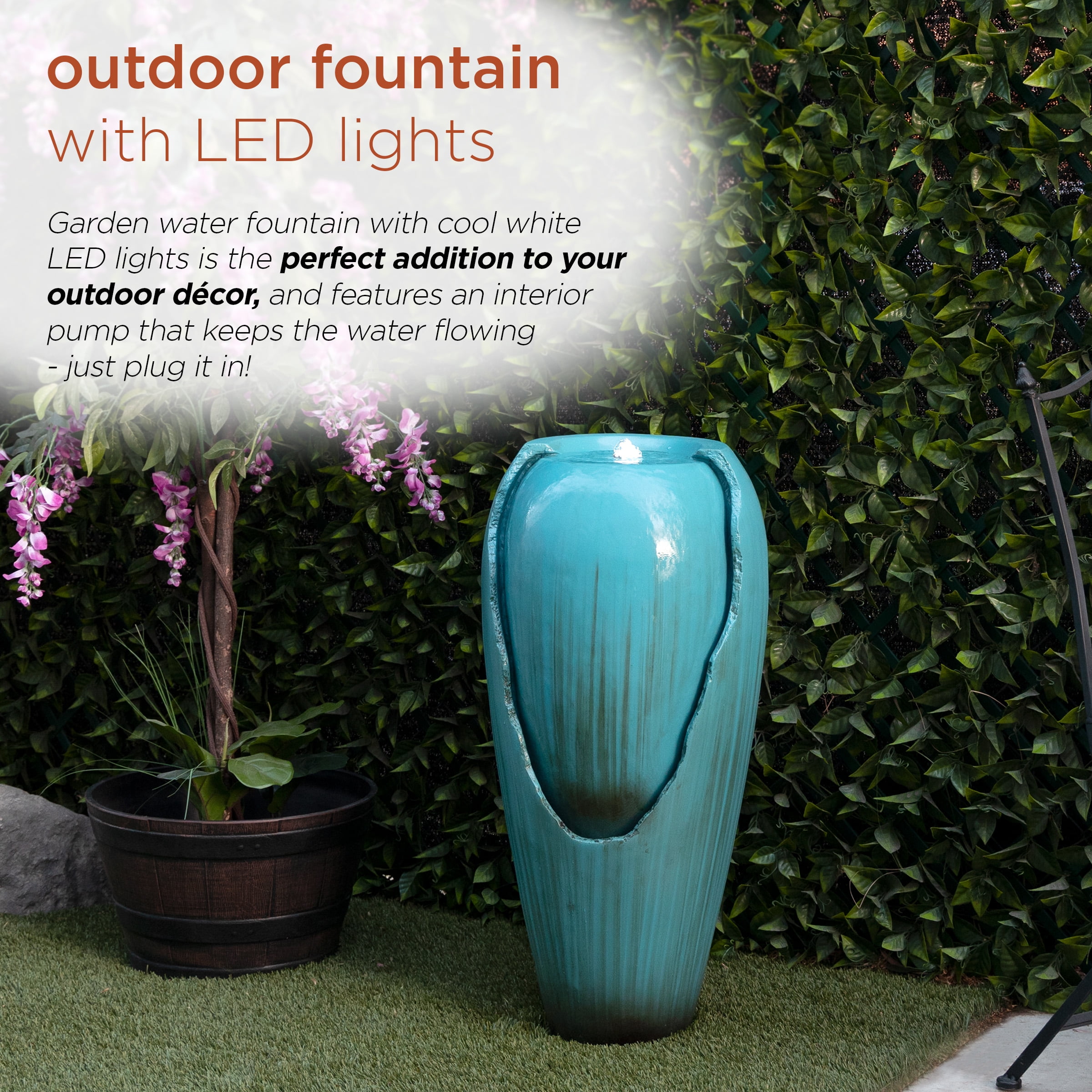 Alpine Corporation - 33" Tall Outdoor Antique Jar Water Fountain with LED Lights, Vintage Light Waterfall – Relaxing Garden Fountain for Patio, Deck, or Yard (Turquoise)