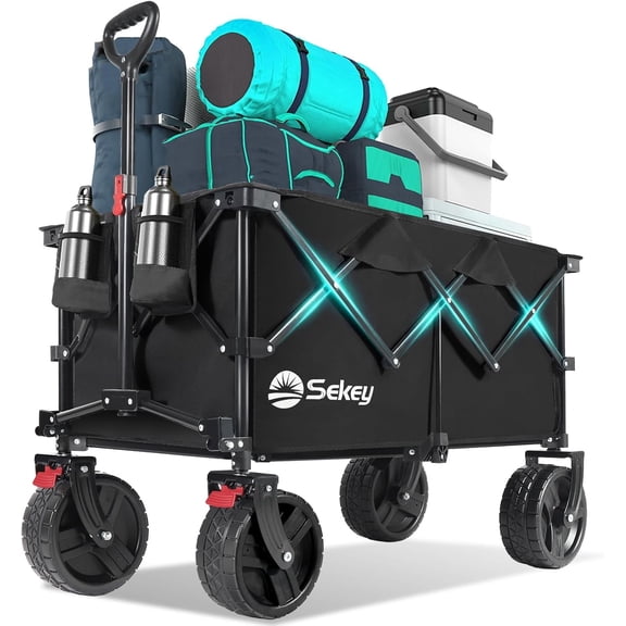 Sekey 300L Foldable Wagon Cart with 330lbs Weight Capacity, Heavy Duty Folding Collapsible Wagon with Big All-Terrain Beach Wheels & Drink Holders for Outdoor (Black)