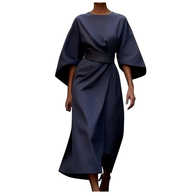 2025 Vestido elegante de color liso para mujer con cintura alta, mangas murciélago, estilo informal, mezcla de poliéster, vestido de fiesta para todas las estaciones