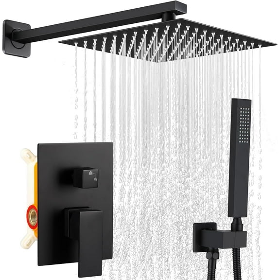 Matte Black Shower Faucet Set, Rainfall Bathroom Shower System Fixture 10 Inch High Pressure Square Rain Shower Head with Handheld Sprayer Combo Wall Mount with cUPC Certified Rough-in Valve