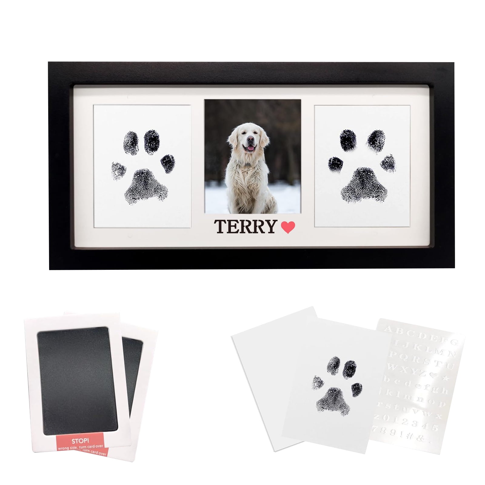 Paw Print Frame Kit,Dog/Cat Paw Print Kit,Soft Pawprint Clay&Clean Touch Ink Pad,Pet Paw Print Impression Kit with Customization Tool,Wooden Pet Memorial Frame,DIY Dog Lover Gifts