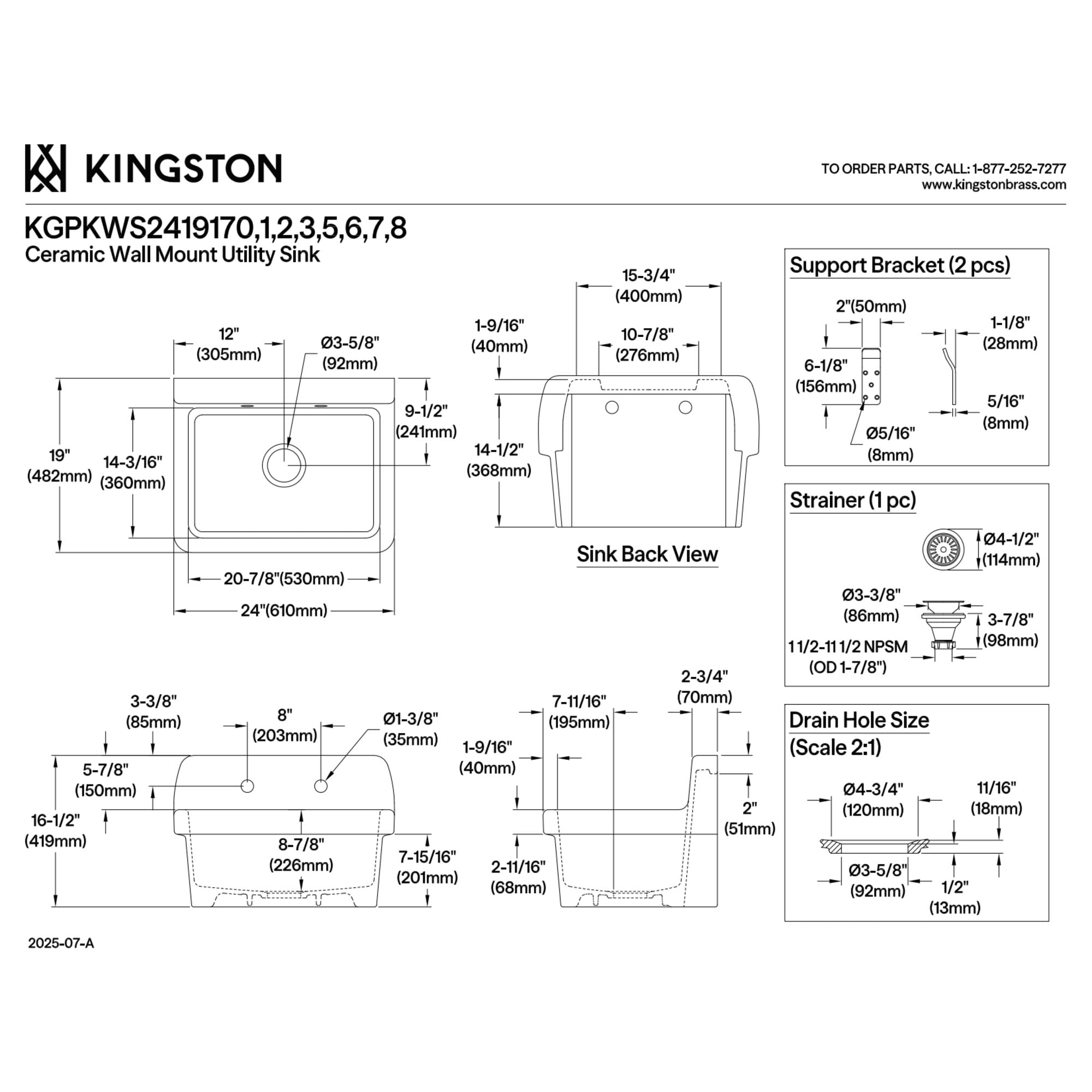 Kingston Brass KGPKWS2419173 Doriteal 24-Inch Ceramic Single Bowl Wall Mount Kitchen Sink with Strainer in White/Antique Brass