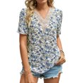 thumbnail image 1 of Bienvenido Blusa de encaje con cuello en V Blusa de guipur de ajuste casual de gasa de manga corta estampada Top para mujeres Citas Fondo blanco Floral azul S, 1 of 6