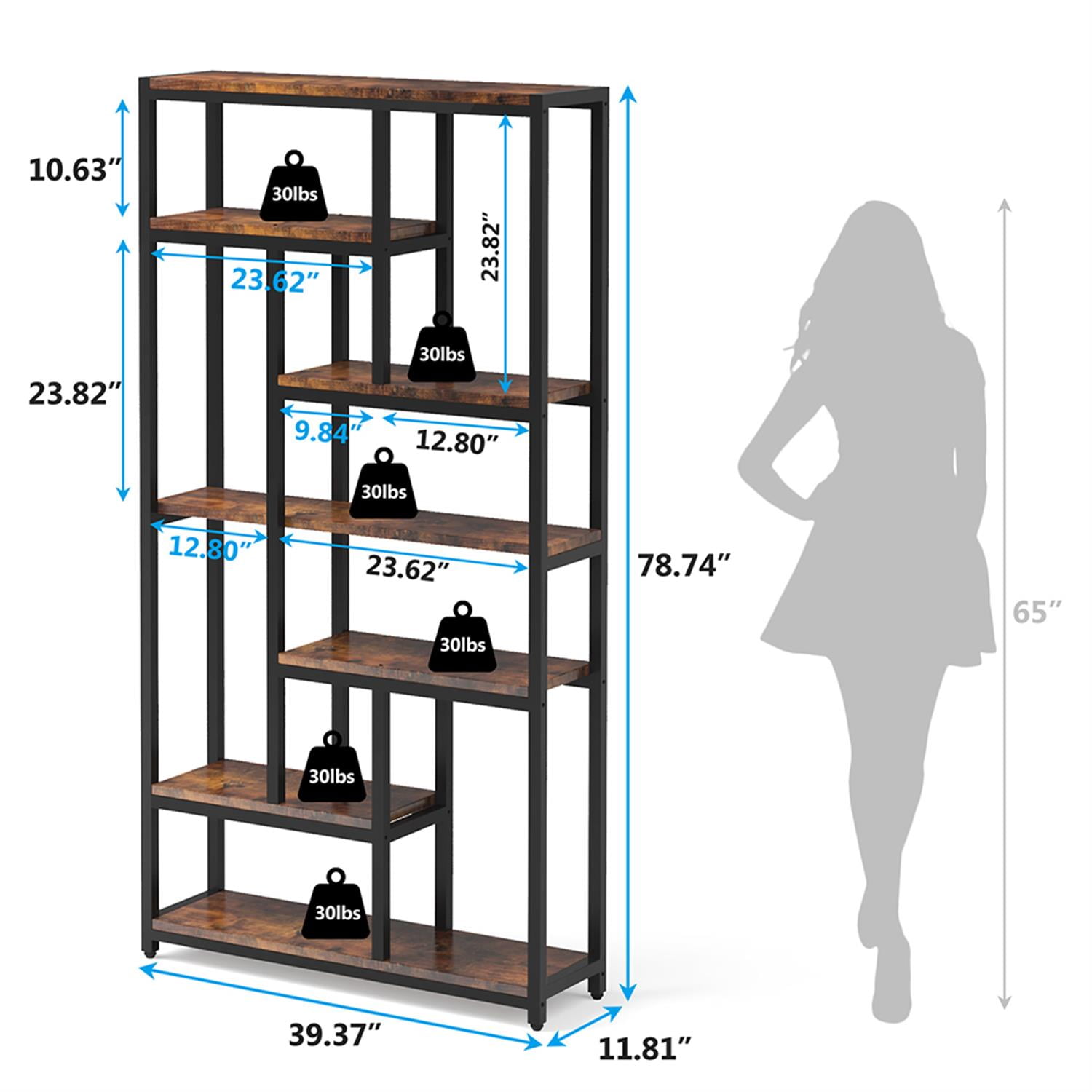 Demi Bonn 7 Tier Bookshelf, Wood and Metal Bookcase Storage Organizer, 79" Tall Display Standing Shelf Unit for Bedroom, Living Room, Brown