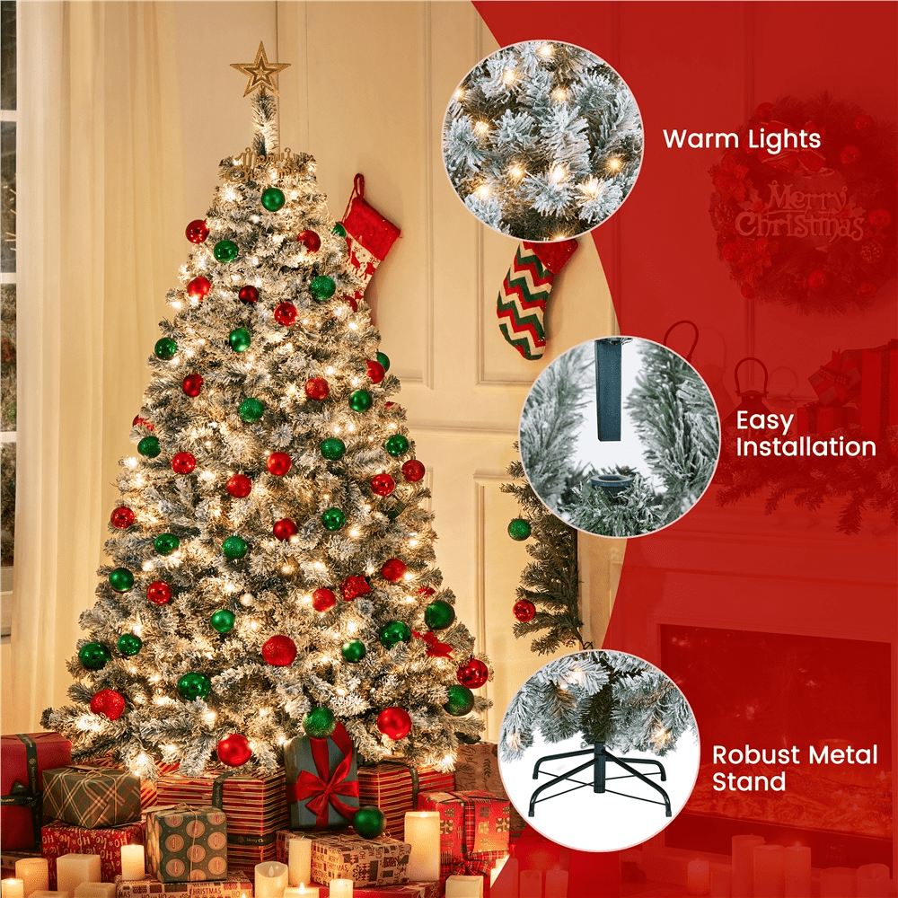 Alden Design 6Ft Pre-lit Flocked Artificial Christmas Tree with Foldable Stand, Green