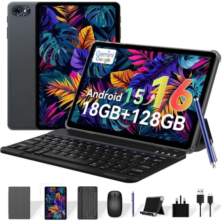 2026 Android AI Tablets 10 Inch, Electronics Tablets with Keyboard, 18GB RAM 128GB ROM /2TB TF, Gemini AI 2 in 1 Tablet with Pen, 6000mAh, 1080P, BT5.0, GPS, OTG, Suitable for Study and Office