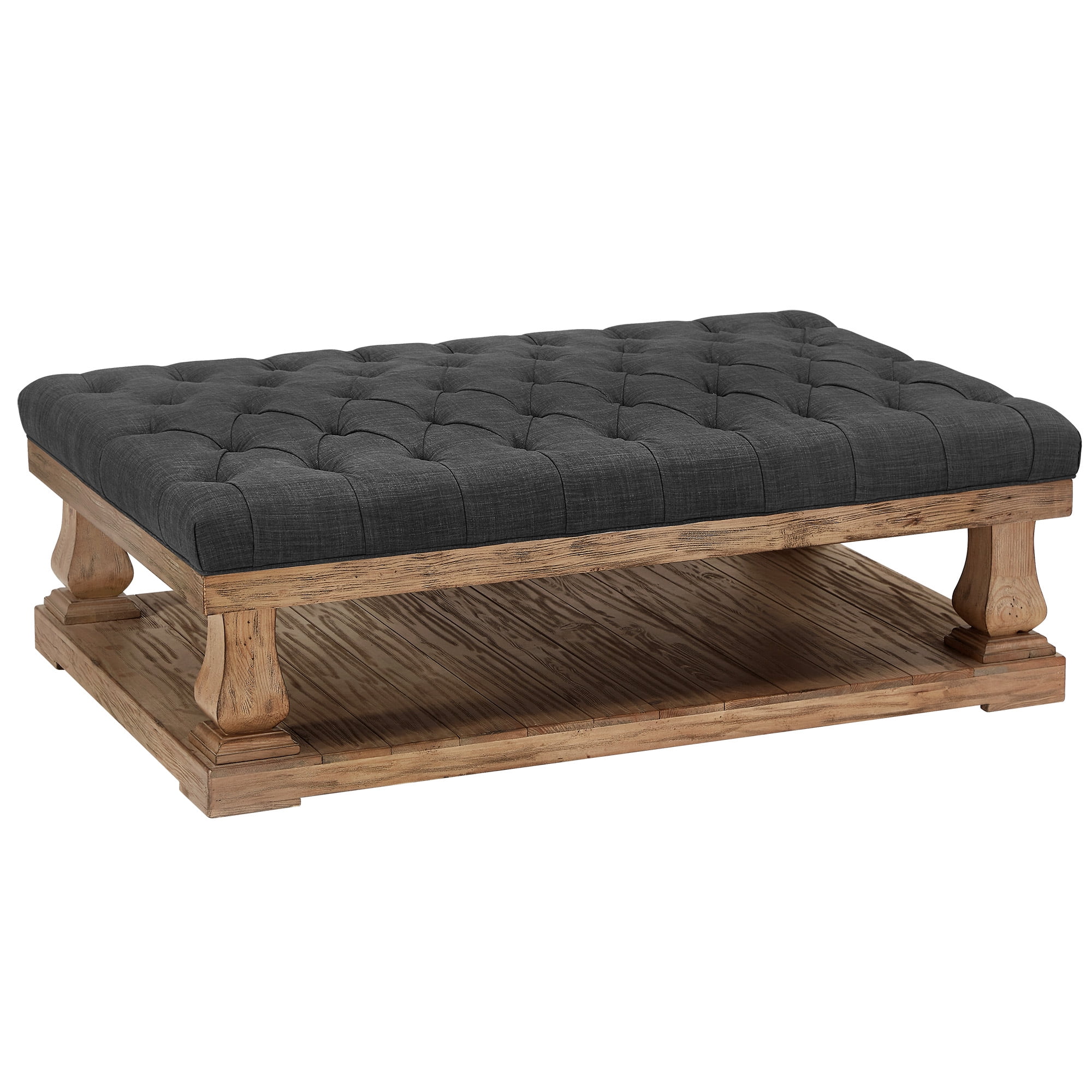 Weston Home Galvin Transitional Wood and Tufted Linen Coffee Table, Dark Grey