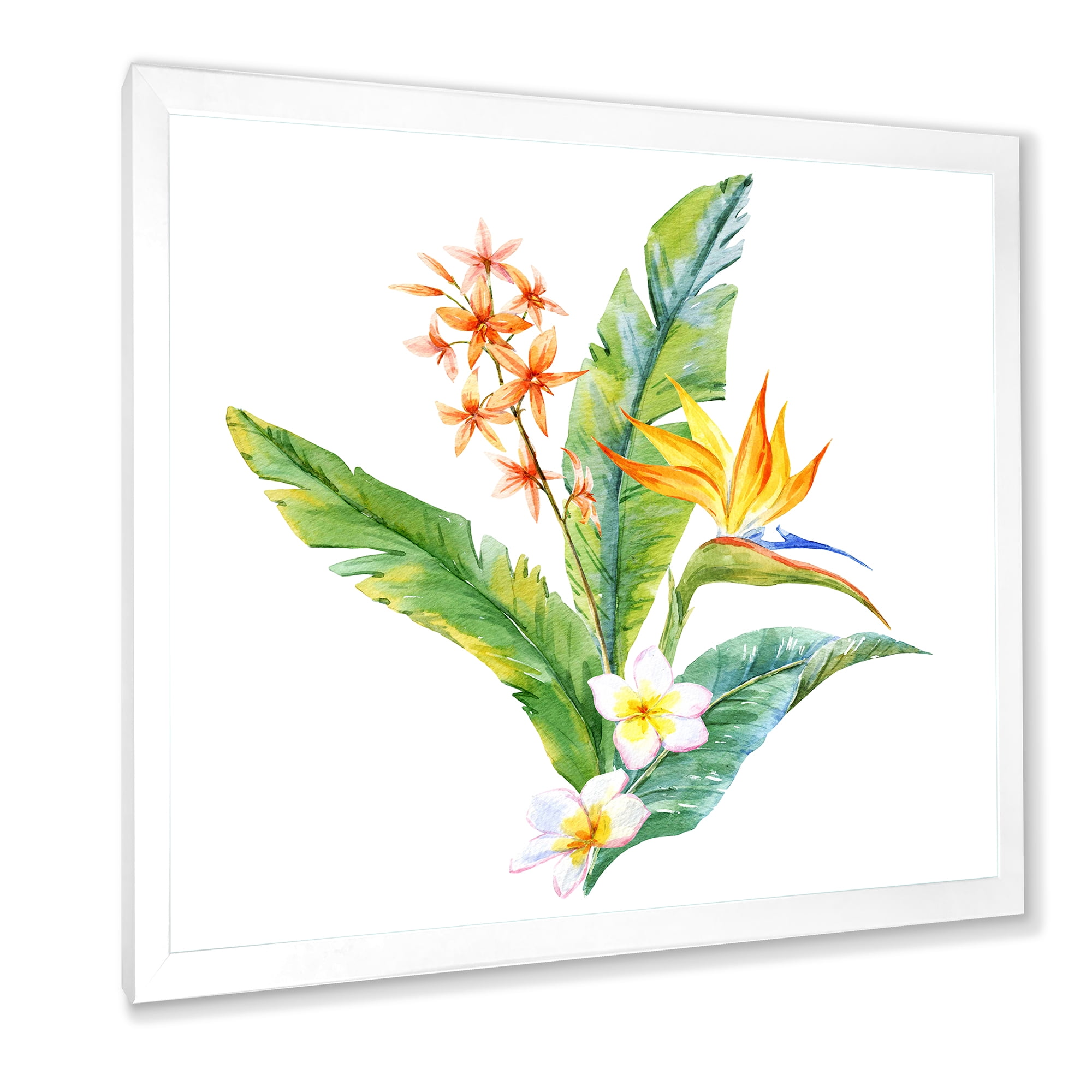 Designart 'Green Leaves With Tropical Yellow Flowers I' Traditional Framed Art Print