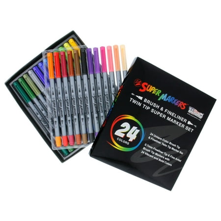 24 Color Brush Tip & Fineliner Twin Tip Marker Set 0.7mm Fineliner Tip & Fine Artist Brush Tip Markers with 24 Vibrant