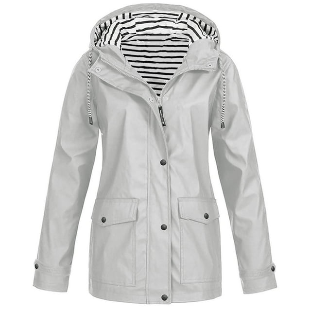 Aqestyerly Women Hooded Raincoat Solid Color Outdoor Plus Size Windproof Lightweight Jacket For Rainy Days HWRETIE