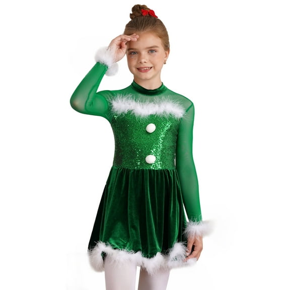 renvena Kids Girls Shiny Sequins Christmas Snowman Long Sleeve Mock Neck Tutu Dress Figure Skating Dancewear Size 6-16 Green 8