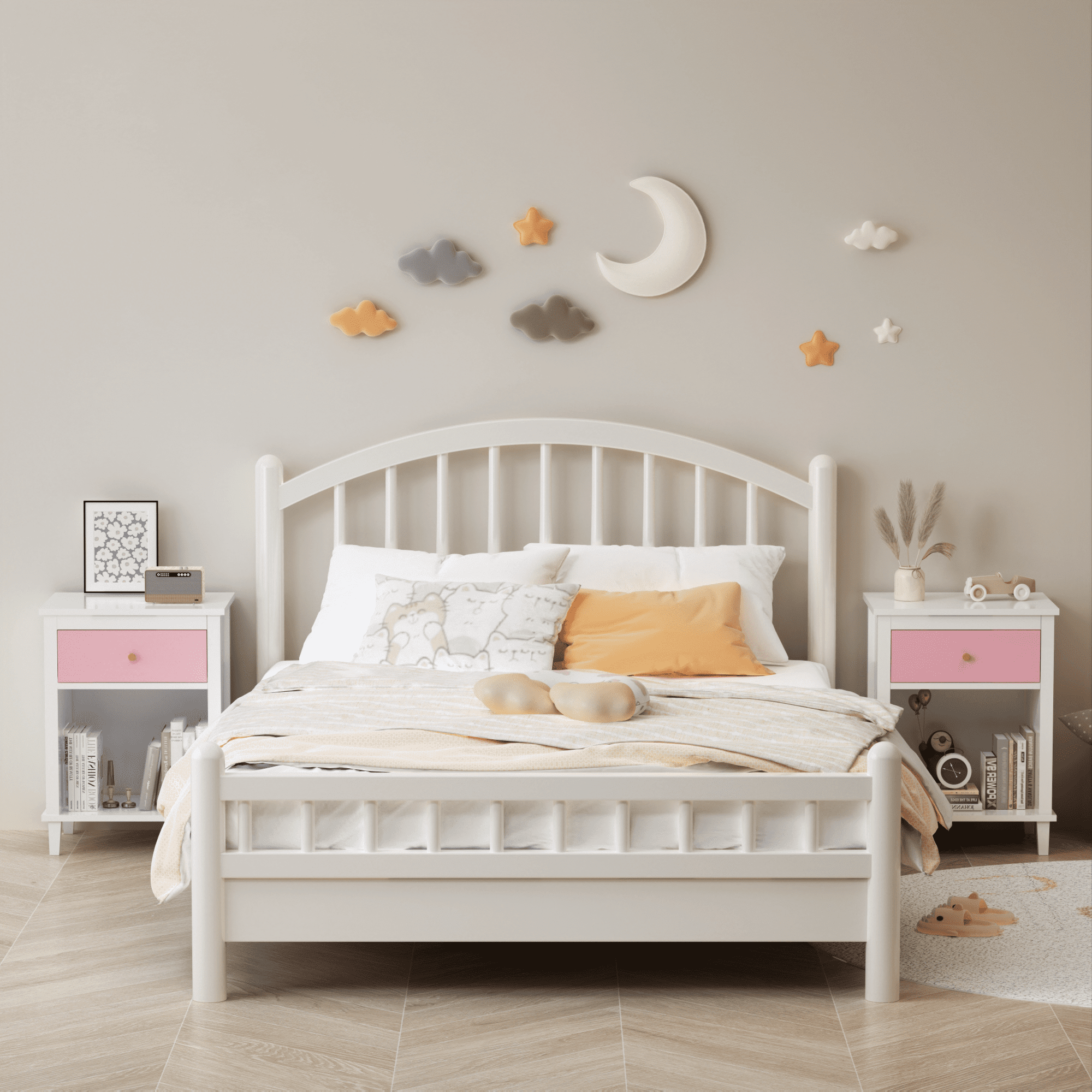 26.77''H Wooden Nightstand with One Drawer One Shelf for Kids, Adults, Pink+Golden handle
