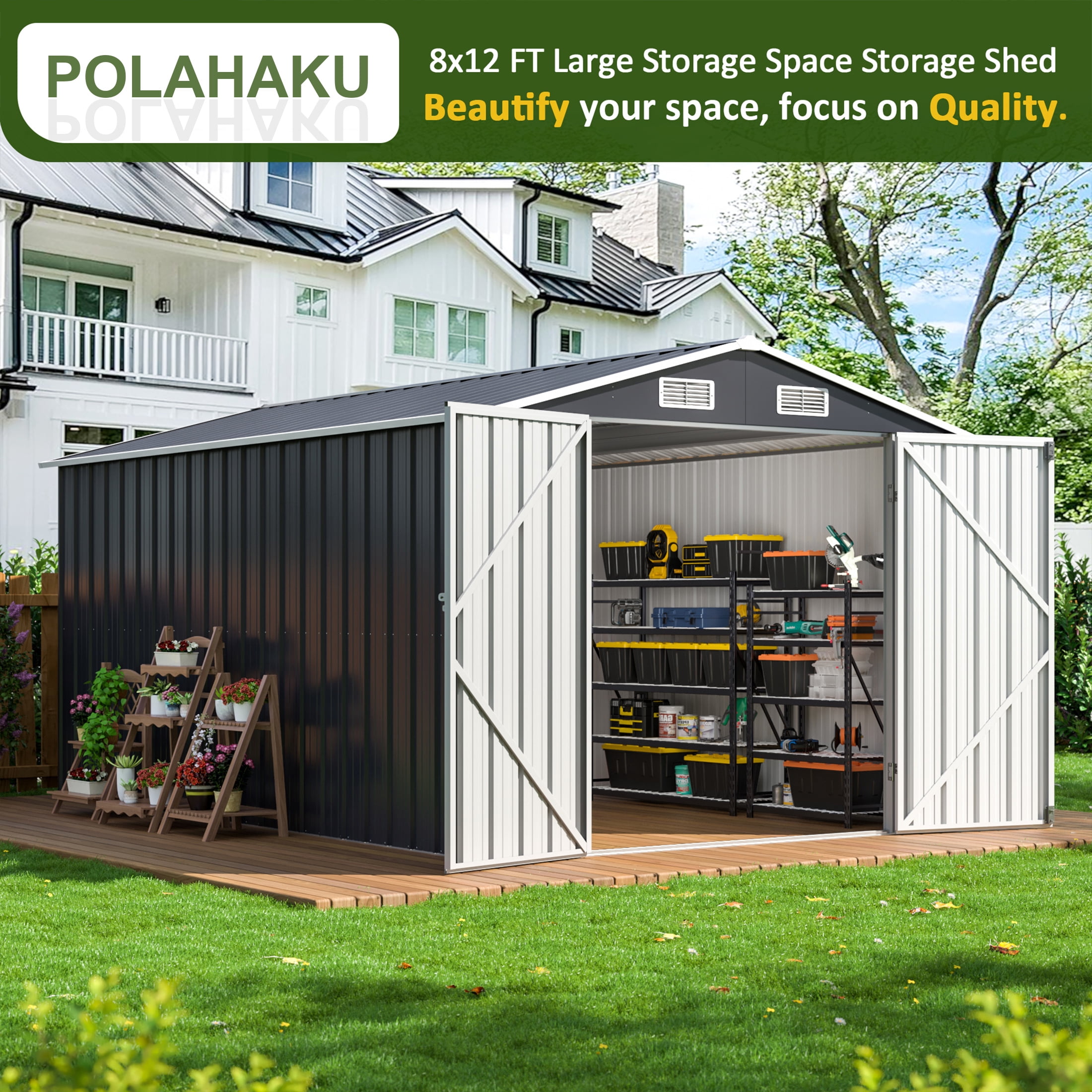 POLAHAKU 8'x12' Outdoor Metal Shed with Upgraded Frame Structure, Lockable Doors & Waterproof Design, Spacious Steel Storage Shed for Backyard, Patio, Lawn & Garden