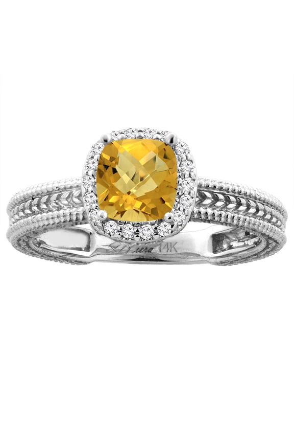 14K White Gold Diamond Natural Whisky Quartz Engagement Ring Cushion 7x7 mm, size 7