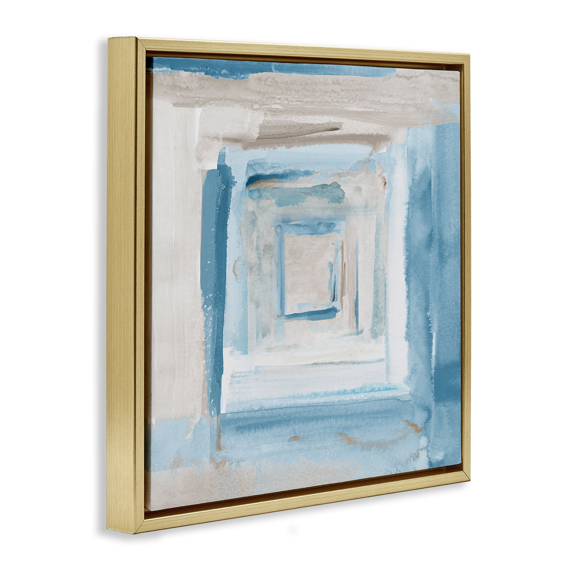 Stupell Industries Blue Layered Squares Abstract Painting Gold Floater Framed Canvas Art Print Wall Art, 25 x 25