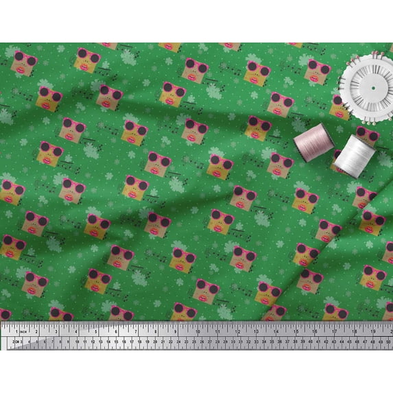 Soimoi Green Rayon Fabric Musical Notes,Dot & Goggles Fashion Fabric Prints By Yard 56 Inch Wide