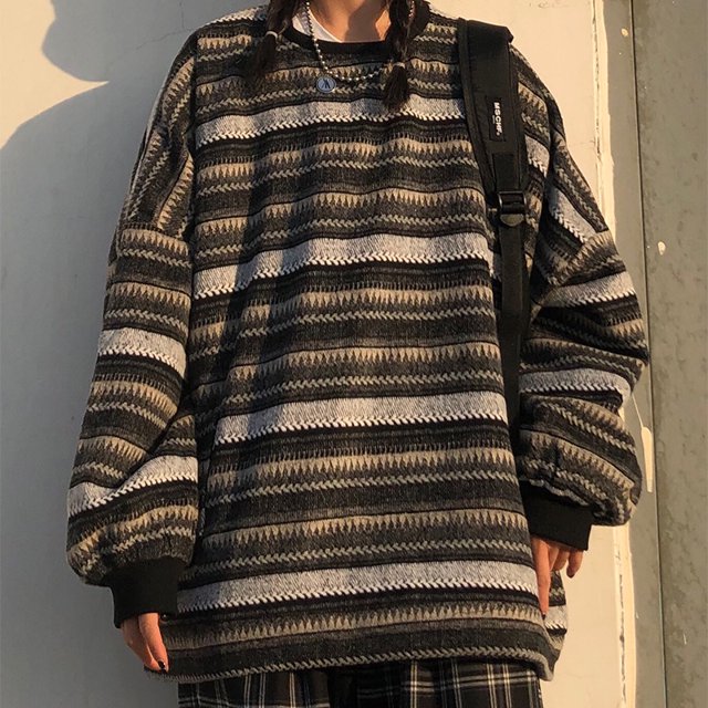Pulls Tricotés Femmes Décontracté Col en V Rayé Chandail Automne-Hiver Rétro Harajuku Surdimensionné Ample