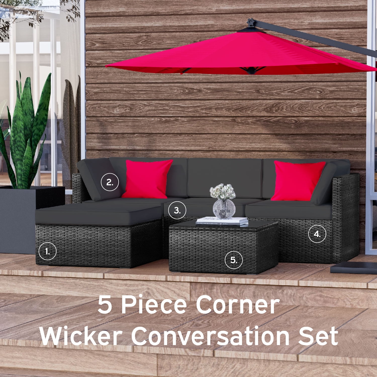 Hearth & Harbor 5-Piece Outdoor Furniture Sets, Wicker Sectional Patio Set, Black/Gray