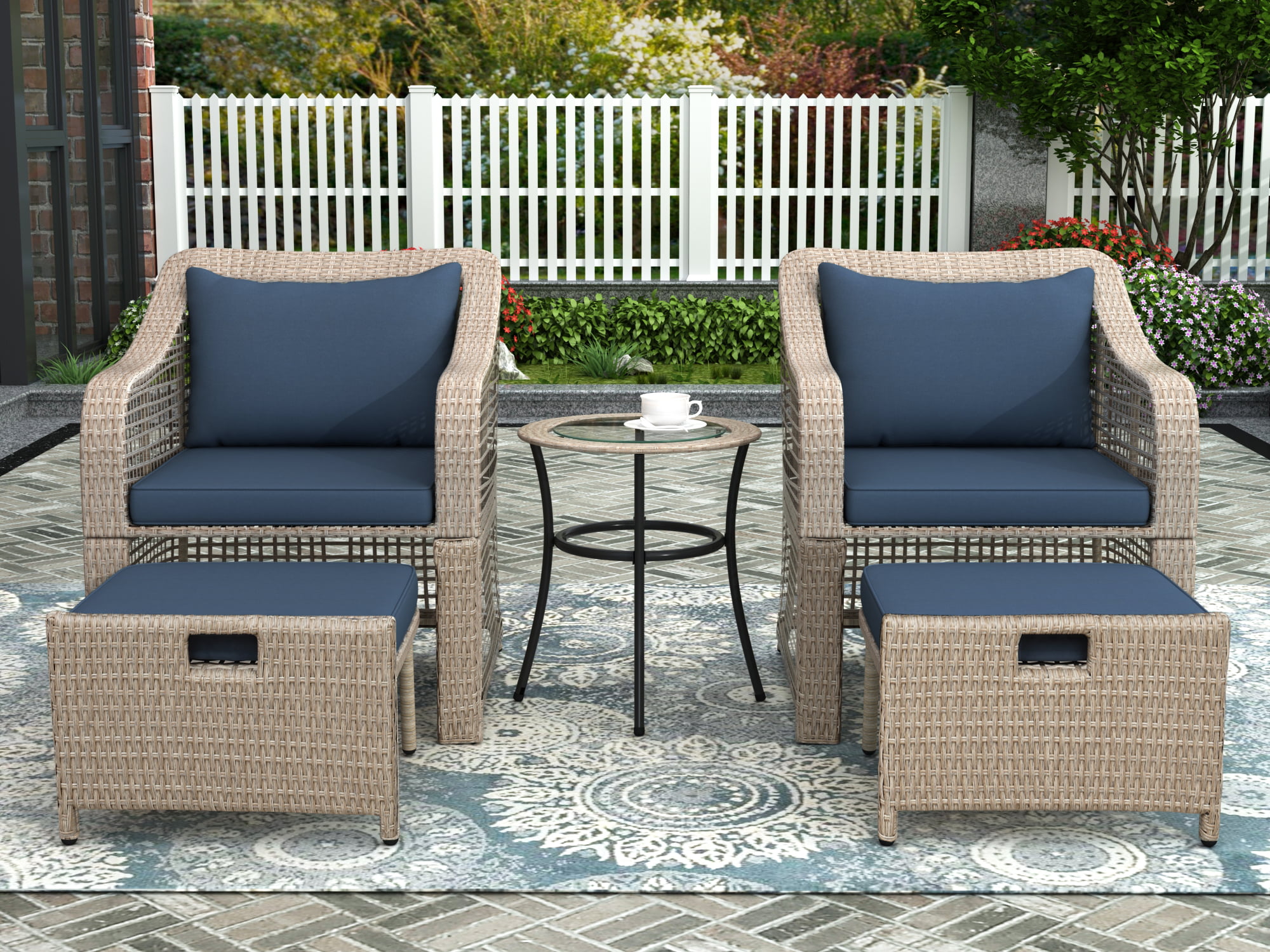 HONBAY 5 PCS Wicker Patio Bistro Set Outdoor Patio Chairs Set with Ottoman Footrest and Storage Table for Garden Beige