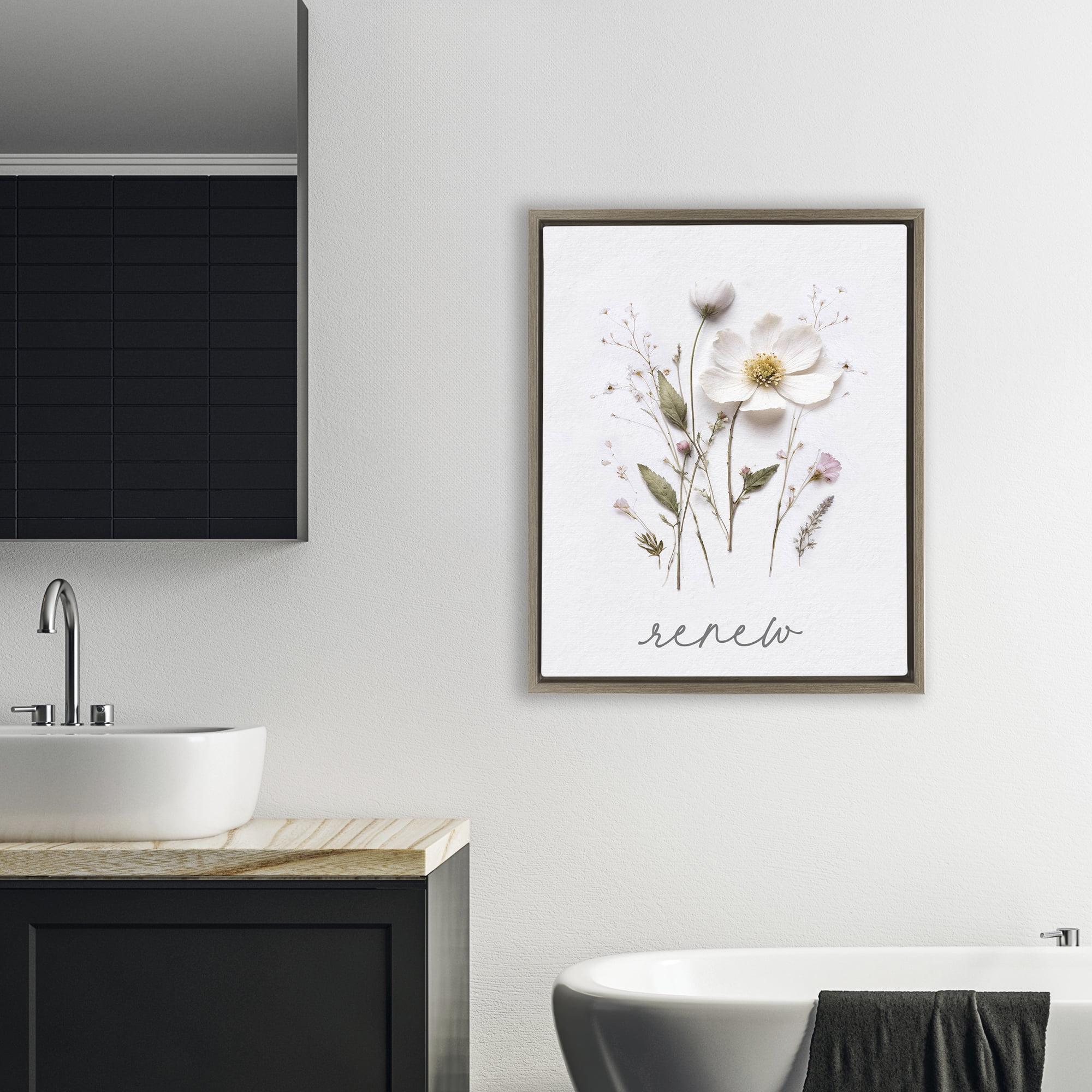 Pressed Flowers Renew Brown Framed Floater Canvas Wall Art, design by Lettered and Lined