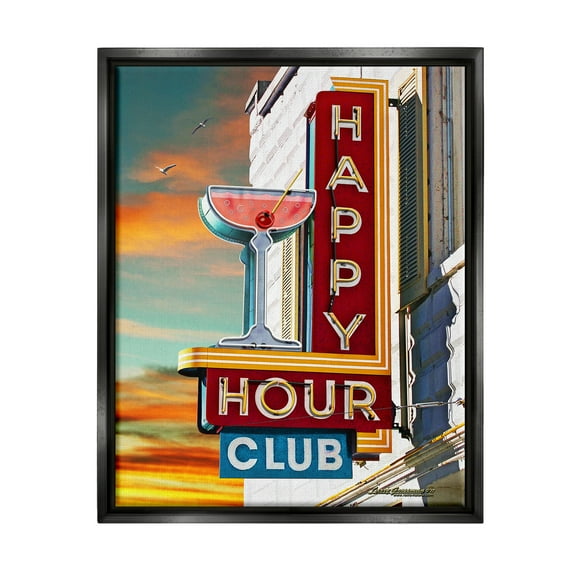 Stupell Industries Happy Hour Club Sign Food & Beverage Painting Black Floater Framed Canvas Art Print Wall Art, 17 x 21
