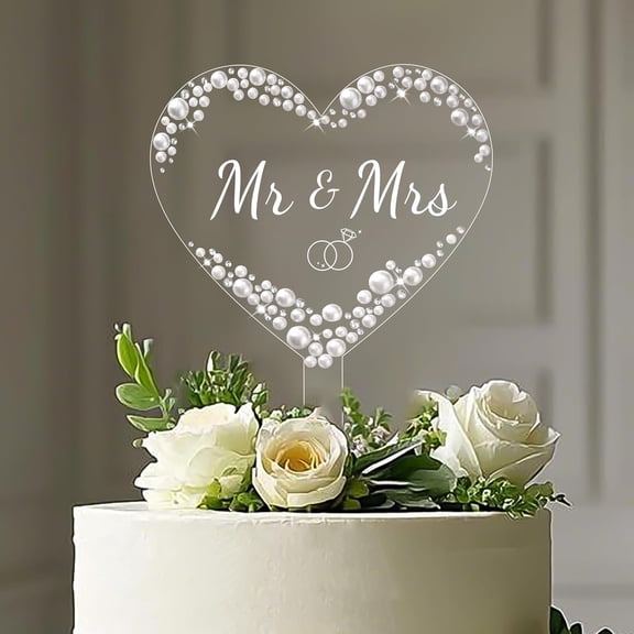 Mr and Mrs Cake Topper - Heart Wedding Cake Decor with Rhinestones and Pearls for Engagement Bridal Anniversary