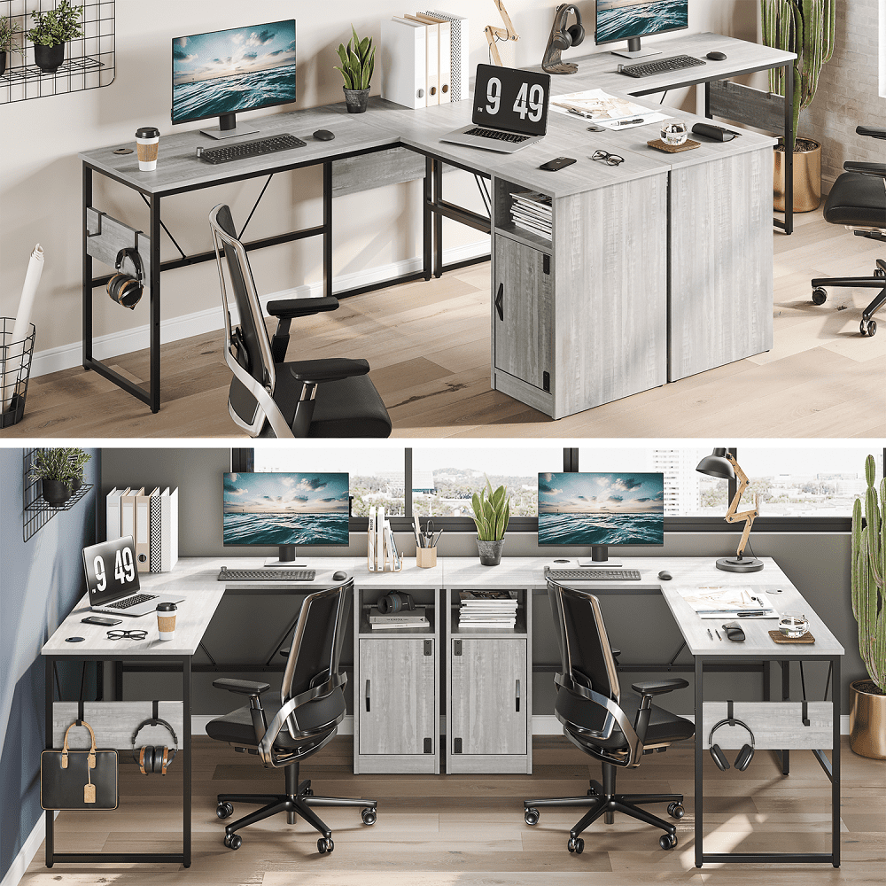 Bestier Reversible 60" L Shaped Computer Desk with Storage Cabinet Long Desk for 2 Person Wash White