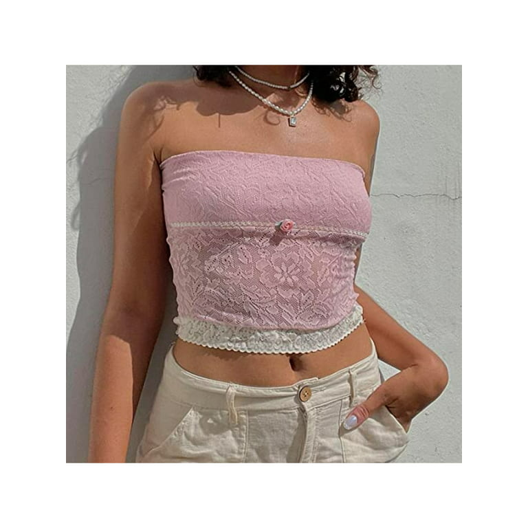 Licupiee Women Floral Lace Tube Tops Y2k Vintage Fashion Strapless Sheer  Mesh Crop Top Sexy Camisole Boho Bandeau Streetwear