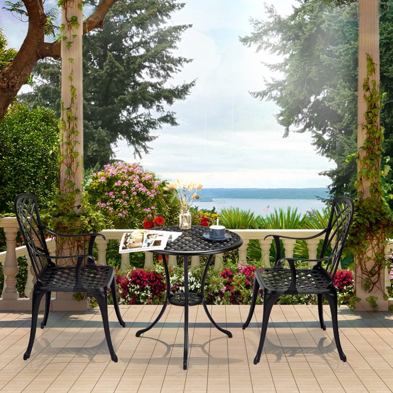 3-Piece Patio Bistro Set – Cast Aluminum Tulip Table & 2 Chairs, Black, With Umbrella Hole, Weather-Resistant, 250lb Chair Capacity, For Balcony, Garden, Poolside