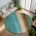 thumbnail image 3 of 8ft Round Rug, Teal Blue Brown Non-Skid Rubber Backing Large Area Rugs - Living Room Bedroom Home Office, Vintage Farmhouse Art Wooden Retro Indoor Floor Mat Carpets Washable Rug, 3 of 9