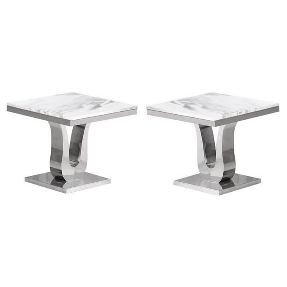 Home Square Marble and Steel Base End Table in White & Silver - Set of 2