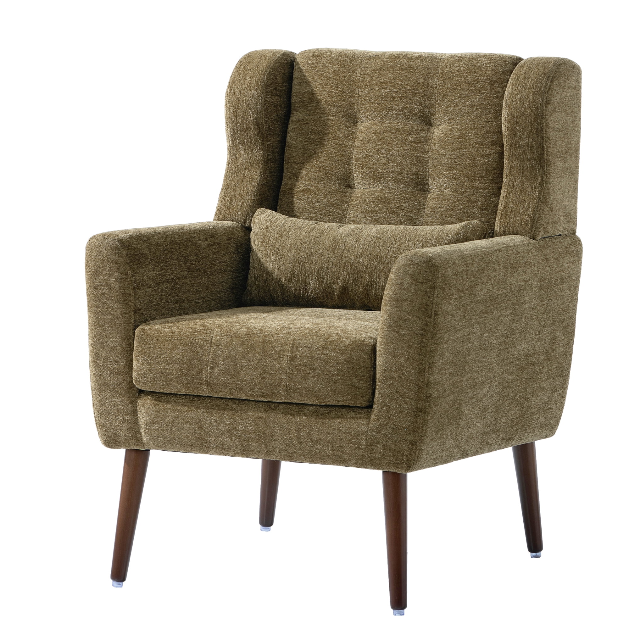 Leumius Modern Accent Chair with Solid Wood Leg, Chenille Armchair with Pillow, Comfy Soft Padded Lounge Chair for Small Space, Bedroom, Living Room Olive Green