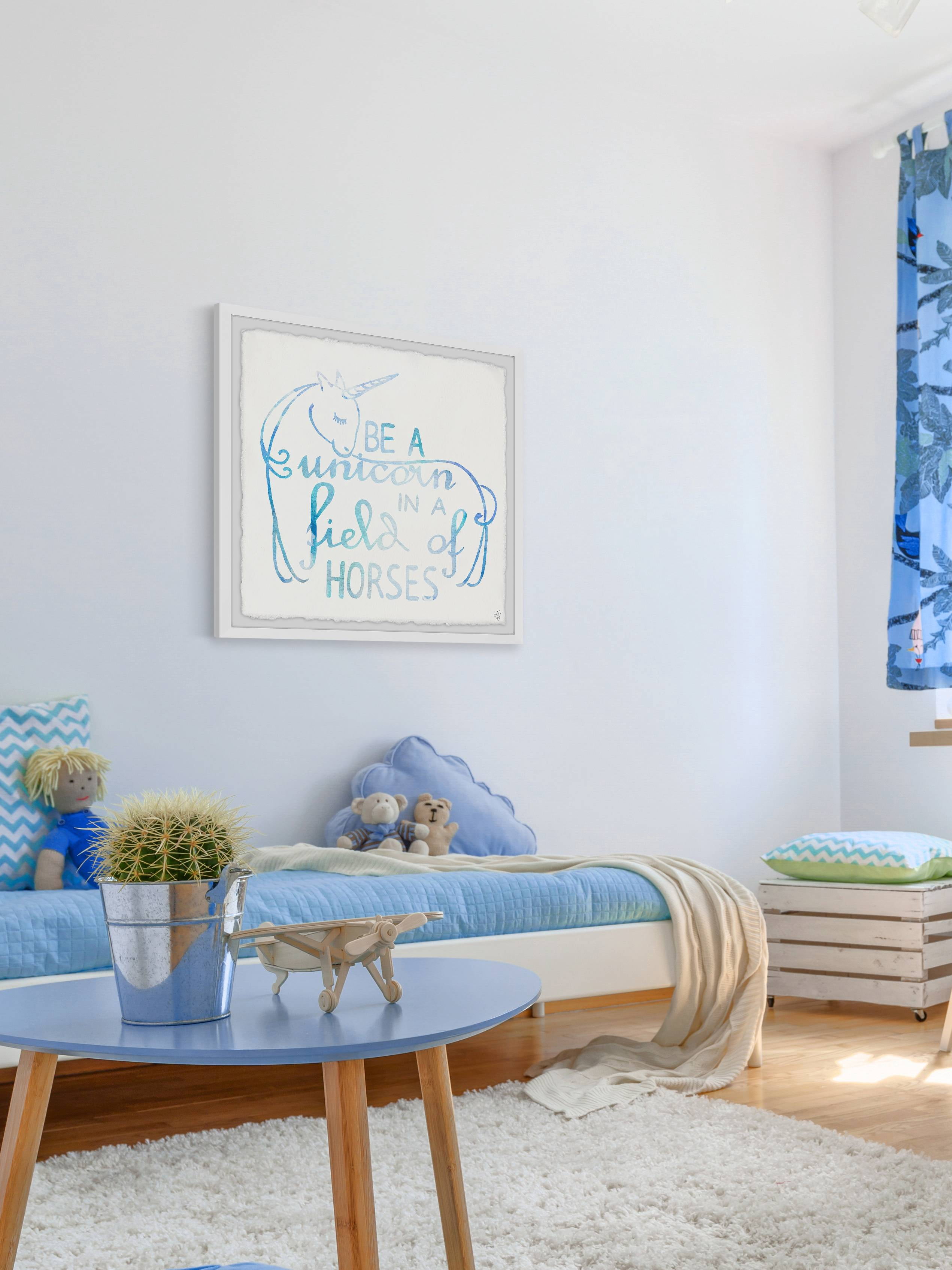 Marmont Hill Blue Unicorn in a Field of Horses Framed Wall Art