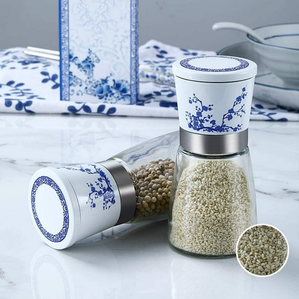 Salt and Pepper Grinder Set Pack of 2 Blue and White Porcelain Salt Pepper Mill Set and Glass Body Salt and Pepper Shakers with Adjustable Ceramic Coarseness for Cooking BBQ Small Grinder