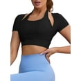 thumbnail image 4 of INSPIRE CHIC Women's Halter Neck Short Sleeve Workout Crop Tops Front Closure Slim Fit Fitness t Shirt Top S Black, 4 of 5