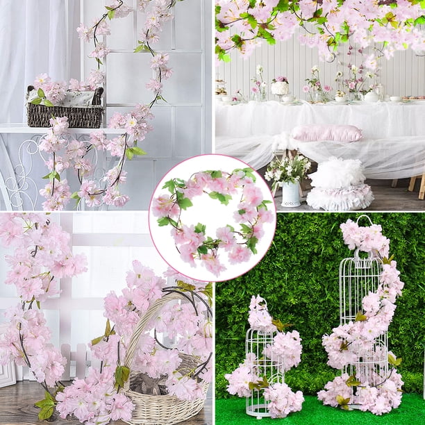 Vides de flor de cerezo artificiales 2.35m 90 Cabezas de flores pequeñas Seda Flor de cerezo falsa Vid Ivy Flores colgantes Guirnalda de sakura de imitación para arco de boda Decoración de fiesta de j Muyoka Hogar