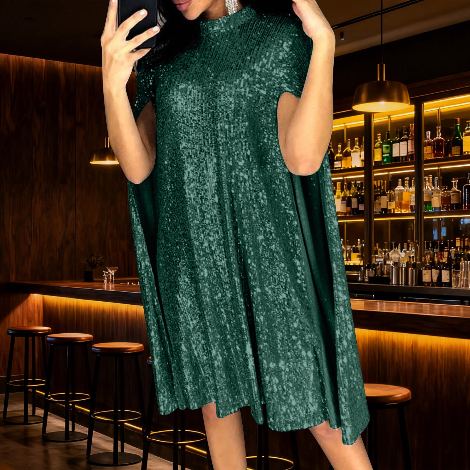 JGGSPWM Women's Sleeveless Solid Color Sequin Elegant Temperament Dress Long Sleeve Shiny Gold Cocktail Party Short Dress Green S