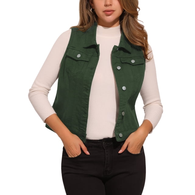 CHALECO SIN MANGAS DE DENIM LAVADO PARA MUJERES INSPIRAR CHIC CON BOLSILLOS VERDE OSCURO M