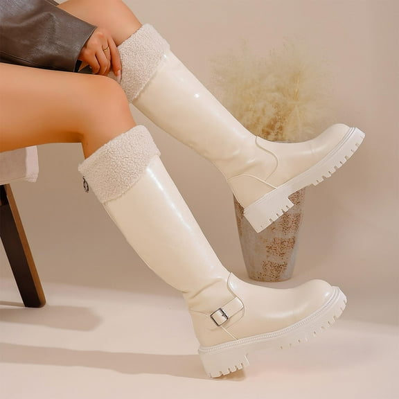 Wowcloth Knee-High Riding Boots for Women – Thick Sole Block Heel Mid-Calf Winter Snow Boots with Casual Style Design for Daily Wear & Outdoor Activities