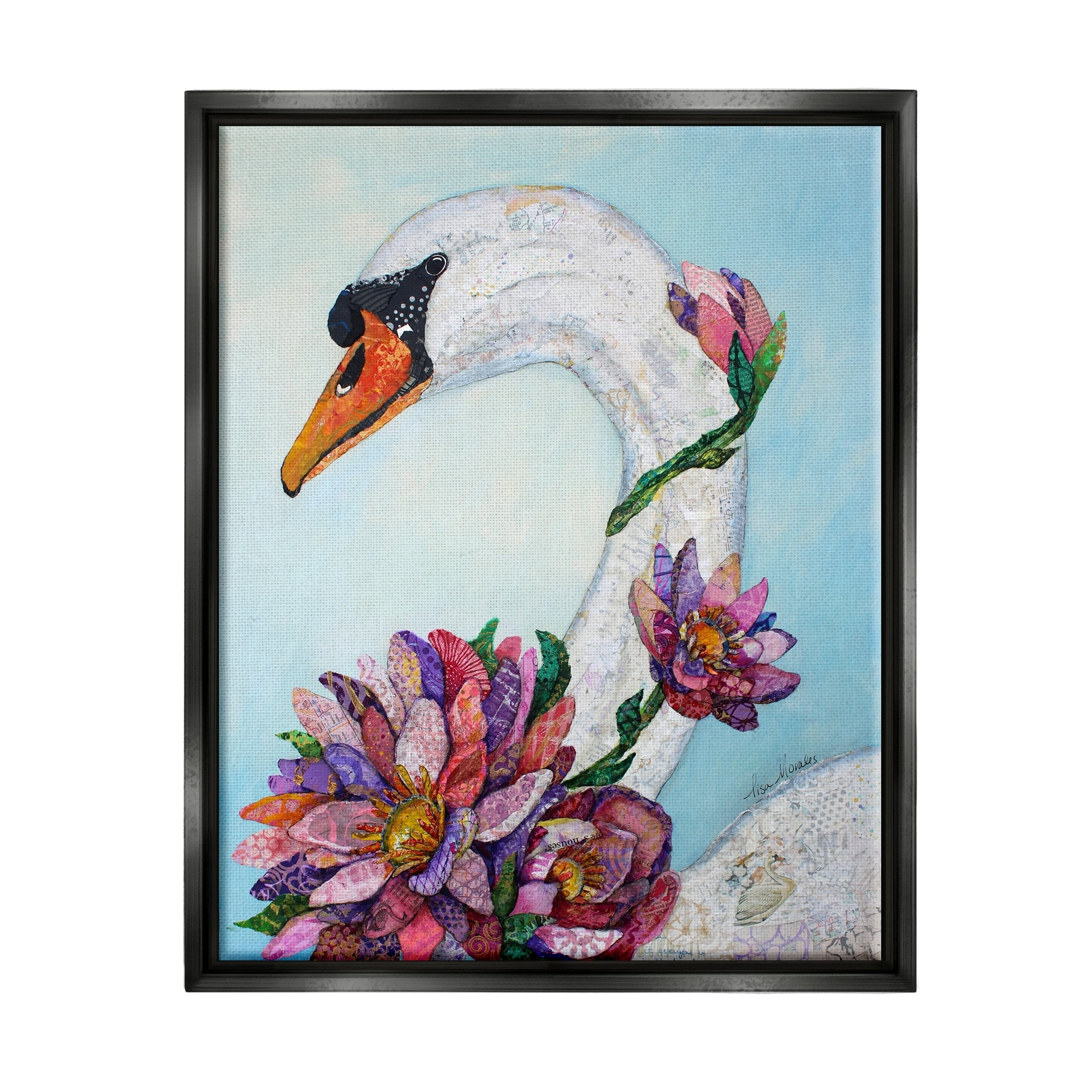 Stupell Industries Swan Bird Vivid Lotus Flower Blossoms Collage Painting Metallic Gold Floating Framed Canvas Print Wall Art, Design by Lisa Morales
