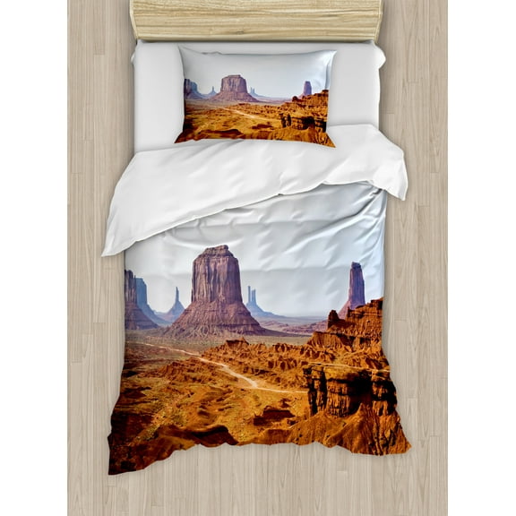 Desert Twin Size Duvet Cover Set, Monument Valley View from John Fords Point Merritt Butte Sandstone Image, Decorative 2 Piece Bedding Set with 1 Pillow Sham, Baby Blue Mauve Amber, by Ambesonne
