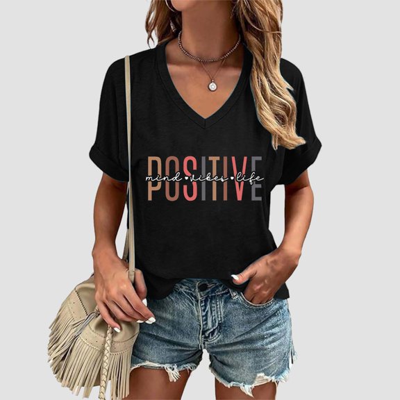 Womens Tshirt Funny Graphic Print Short Sleeve V Neck Soft Tee Positive Mind Tees for Women Black M